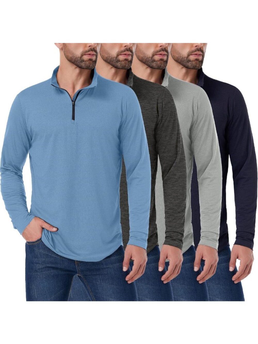 Men's Quarter Zip Pullover Golf Shirt - 4 Pack, Long Sleeve, UPF 50+ Sun